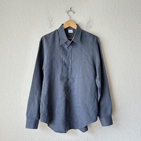 ARMANI COLLEZIONI Shirt Blue Black Pinstriped Button Up Office Preppy - Picture 2 of 10